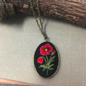 Oval Hand Embroidered Fuchsia and Red Poppies Pendant Necklace